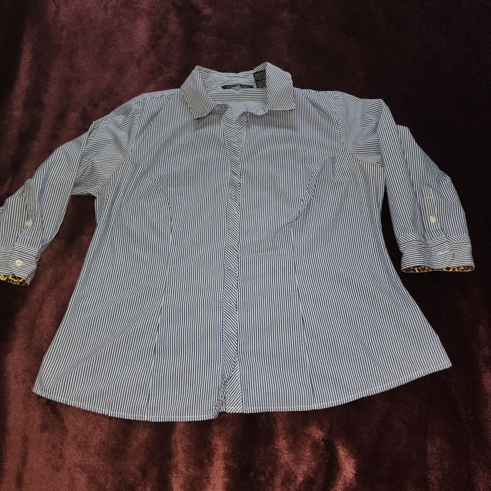 Zac & Rachel Woman Striped Button Up Shirt Blue White Leopard Trim 3/4 Sleeve
